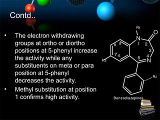 Contd..
• The electron withdrawing
groups at ortho or diortho
positions at 5-phenyl increase
the activity while any
substituents on meta or para
position at 5-phenyl
decreases the activity.
• Methyl substitution at position
1 confirms high activity.
 