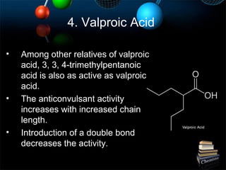 4. Valproic Acid
• Among other relatives of valproic
acid, 3, 3, 4-trimethylpentanoic
acid is also as active as valproic
acid.
• The anticonvulsant activity
increases with increased chain
length.
• Introduction of a double bond
decreases the activity.
 