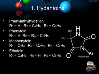 1. Hydantoins
• Phenylethylhydation
R1 = H R2 = C2H5 R3 = C6H5
• Phenytoin
R1 = H R2 = R3 = C6H5
• Mephenytoin
R1 = CH3 R2 = C2H5 R3 = C6H5
• Ethotoin
R1 = C2H5 R5 = H R5 = C6H5 Hydantoin
 