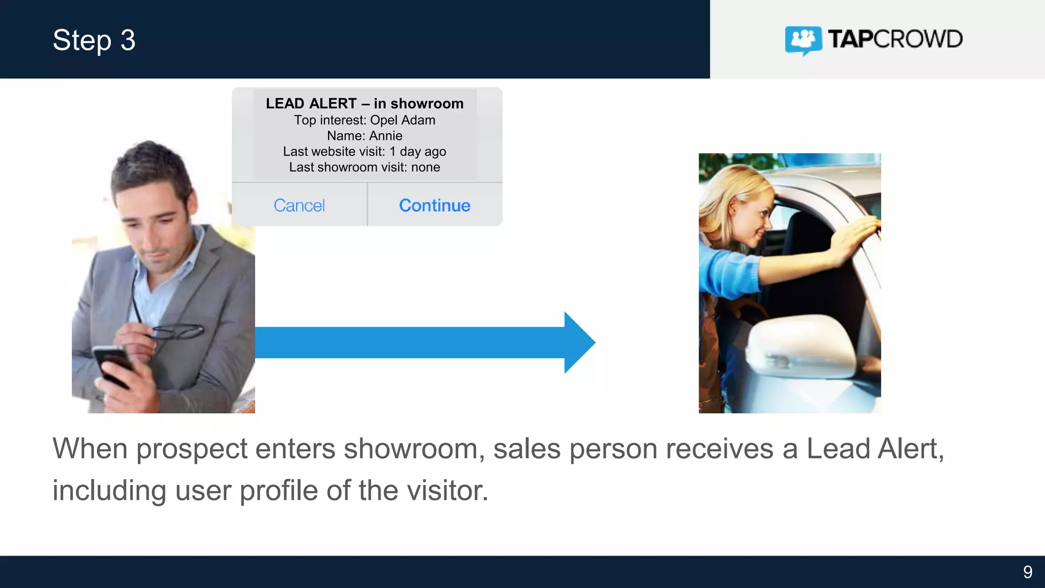 9
Step 3
When prospect enters showroom, sales person receives a Lead Alert,
including user profile of the visitor.
LEAD ALERT – in showroom
Top interest: Opel Adam
Name: Annie
Last website visit: 1 day ago
Last showroom visit: none
 