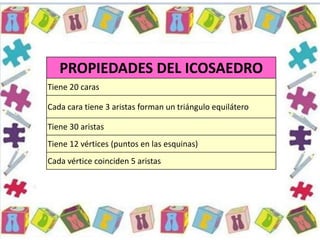 PROPIEDADES DEL ICOSAEDRO
Tiene 20 caras
Cada cara tiene 3 aristas forman un triángulo equilátero
Tiene 30 aristas
Tiene 12 vértices (puntos en las esquinas)
Cada vértice coinciden 5 aristas
 