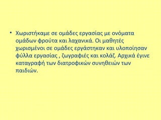 • Χωριστήκαμε σε ομάδες εργασίας με ονόματα
ομάδων φρούτα και λαχανικά. Οι μαθητές
χωρισμένοι σε ομάδες εργάστηκαν και υλοποίησαν
φύλλα εργασίας , ζωγραφιές και κολάζ. Αρχικά έγινε
καταγραφή των διατροφικών συνηθειών των
παιδιών.
 