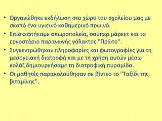 • Οργανώθηκε εκδήλωση στο χώρο του σχολείου μας με
σκοπό ένα υγιεινό καθημερινό πρωινό.
• Επισκεφτήκαμε οπωροπολεία, σούπερ μάρκετ και το
εργοστάσιο παραγωγής γάλακτος ''Πρώτο''.
• Συγκεντρώθηκαν πληροφορίες και φωτογραφίες για τη
μεσογειακή διατροφή και με τη χρήση αυτών μέσω
κολάζ δημιουργήσαμε τη διατροφική πυραμίδα.
• Οι μαθητές παρακολούθησαν σε βίντεο το ''Ταξίδι της
βιταμίνης''.
 