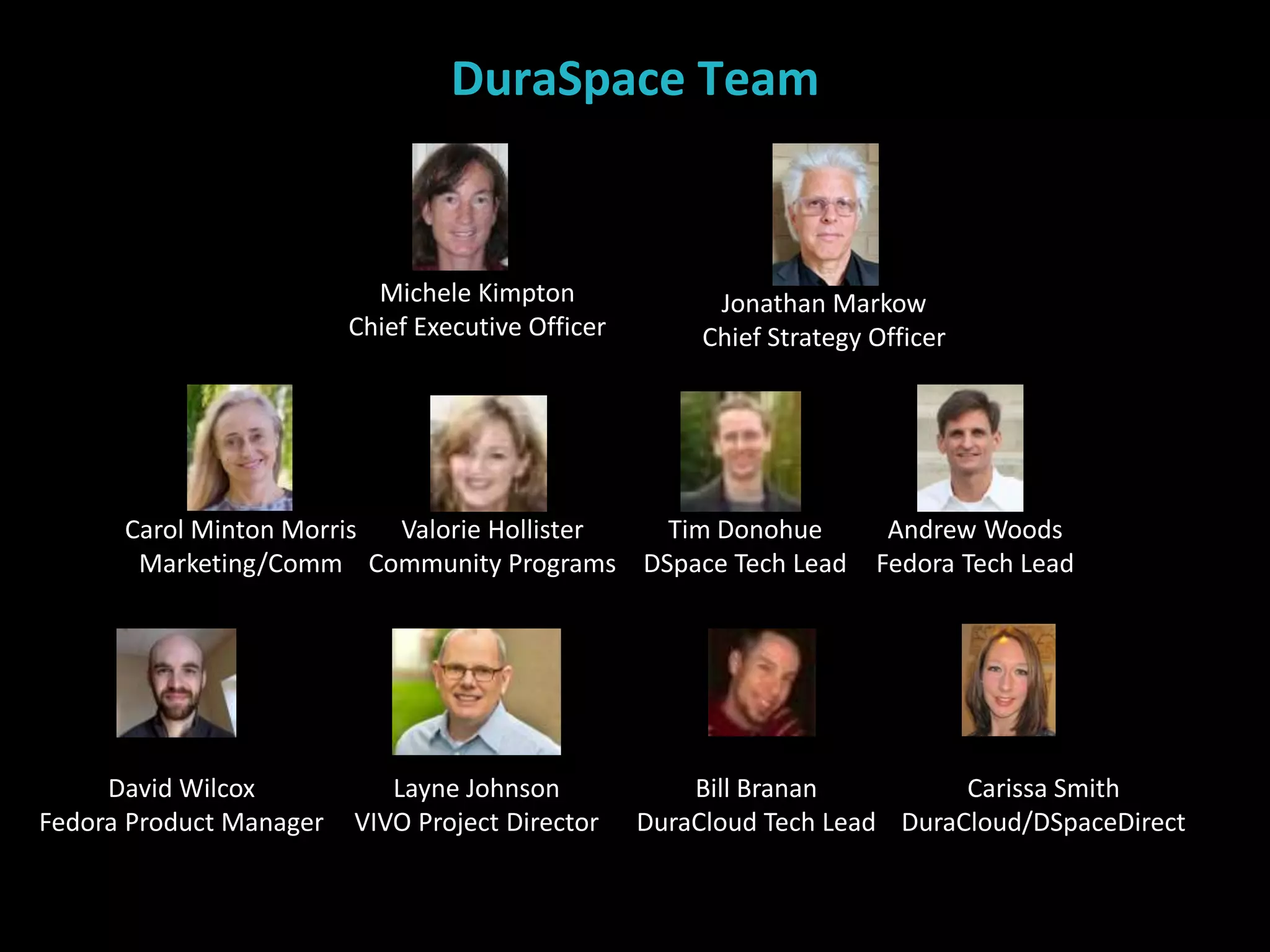 DuraSpace Team
Tim Donohue
DSpace Tech Lead
Valorie Hollister
Community Programs
Michele Kimpton
Chief Executive Officer
Jonathan Markow
Chief Strategy Officer
Bill Branan
DuraCloud Tech Lead
Carissa Smith
DuraCloud/DSpaceDirect
Carol Minton Morris
Marketing/Comm
Andrew Woods
Fedora Tech Lead
David Wilcox
Fedora Product Manager
Layne Johnson
VIVO Project Director
 