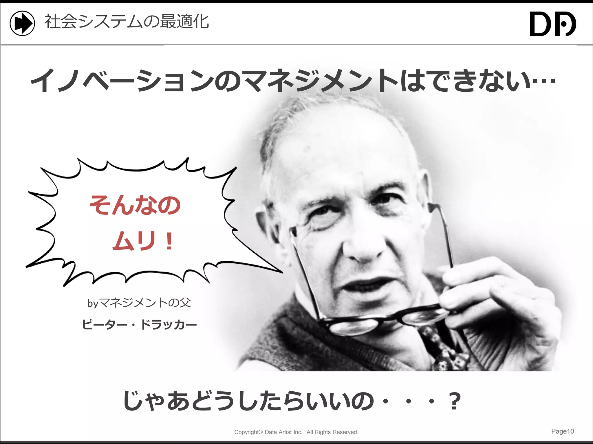 Copyright© Data Artist Inc. All Rights Reserved. Page10Page10Page10Page10
社会システムの最適化
そんなの
ムリ！
じゃあどうしたらいいの・・・？
byマネジメントの父
ピーター・ドラッカー
イノベーションのマネジメントはできない…
 