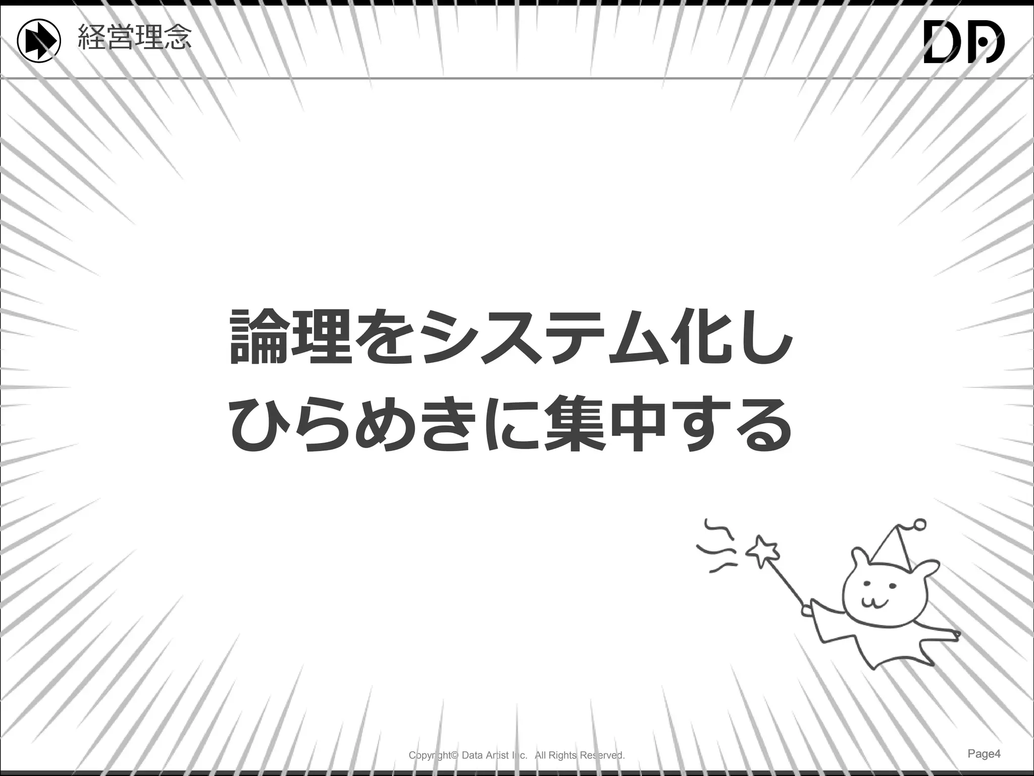 Copyright© Data Artist Inc. All Rights Reserved. Page4Page4Page4Page4
経営理念
論理をシステム化し
ひらめきに集中する
 