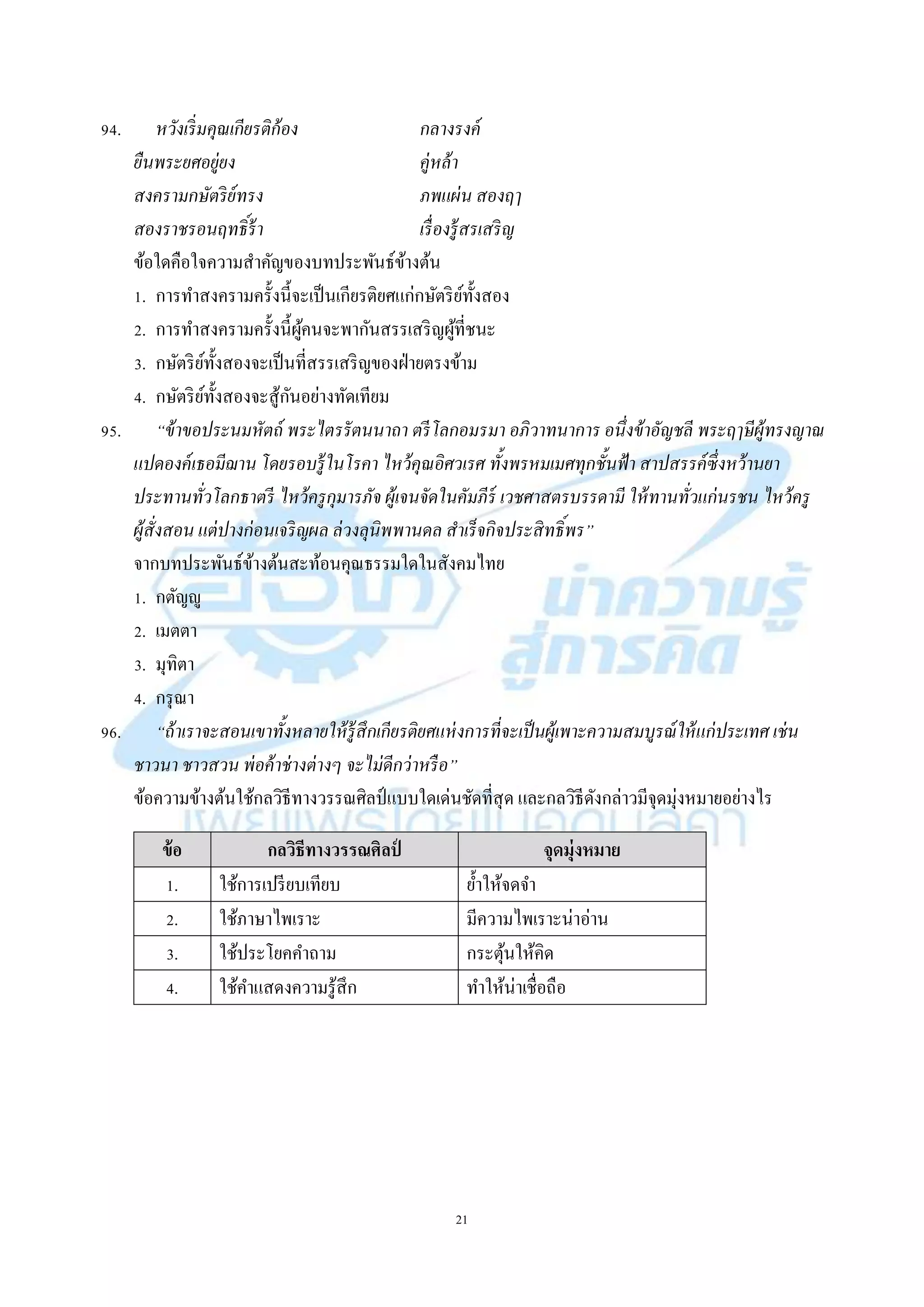 21
94. หวังเริ่มคุณเกียรติก้อง กลางรงค์
ยืนพระยศอยู่ยง คู่หล้า
สงครามกษัตริย์ทรง ภพแผ่น สองฤๅ
สองราชรอนฤทธิ์ร้า เรื่องรู้สรเสริญ
ข้อใดคือใจควำมสำคัญของบทประพันธ์ข้ำงต้น
1. กำรทำสงครำมครั้งนี้จะเป็นเกียรติยศแก่กษัตริย์ทั้งสอง
2. กำรทำสงครำมครั้งนี้ผู้คนจะพำกันสรรเสริญผู้ที่ชนะ
3. กษัตริย์ทั้งสองจะเป็นที่สรรเสริญของฝ่ำยตรงข้ำม
4. กษัตริย์ทั้งสองจะสู้กันอย่ำงทัดเทียม
95. “ข้าขอประนมหัตถ์ พระไตรรัตนนาถา ตรีโลกอมรมา อภิวาทนาการ อนึ่งข้าอัญชลี พระฤๅษีผู้ทรงญาณ
แปดองค์เธอมีฌาน โดยรอบรู้ในโรคา ไหว้คุณอิศวเรศ ทั้งพรหมเมศทุกชั้นฟ้า สาปสรรค์ซึ่งหว้านยา
ประทานทั่วโลกธาตรี ไหว้ครูกุมารภัจ ผู้เจนจัดในคัมภีร์ เวชศาสตรบรรดามี ให้ทานทั่วแก่นรชน ไหว้ครู
ผู้สั่งสอน แต่ปางก่อนเจริญผล ล่วงลุนิพพานดล สาเร็จกิจประสิทธิ์พร”
จำกบทประพันธ์ข้ำงต้นสะท้อนคุณธรรมใดในสังคมไทย
1. กตัญญู
2. เมตตำ
3. มุทิตำ
4. กรุณำ
96. “ถ้าเราจะสอนเขาทั้งหลายให้รู้สึกเกียรติยศแห่งการที่จะเป็นผู้เพาะความสมบูรณ์ให้แก่ประเทศ เช่น
ชาวนา ชาวสวน พ่อค้าช่างต่างๆ จะไม่ดีกว่าหรือ”
ข้อควำมข้ำงต้นใช้กลวิธีทำงวรรณศิลป์ แบบใดเด่นชัดที่สุด และกลวิธีดังกล่ำวมีจุดมุ่งหมำยอย่ำงไร
ข้อ กลวิธีทางวรรณศิลป์ จุดมุ่งหมาย
1. ใช้กำรเปรียบเทียบ ย้ำให้จดจำ
2. ใช้ภำษำไพเรำะ มีควำมไพเรำะน่ำอ่ำน
3. ใช้ประโยคคำถำม กระตุ้นให้คิด
4. ใช้คำแสดงควำมรู้สึก ทำให้น่ำเชื่อถือ
 