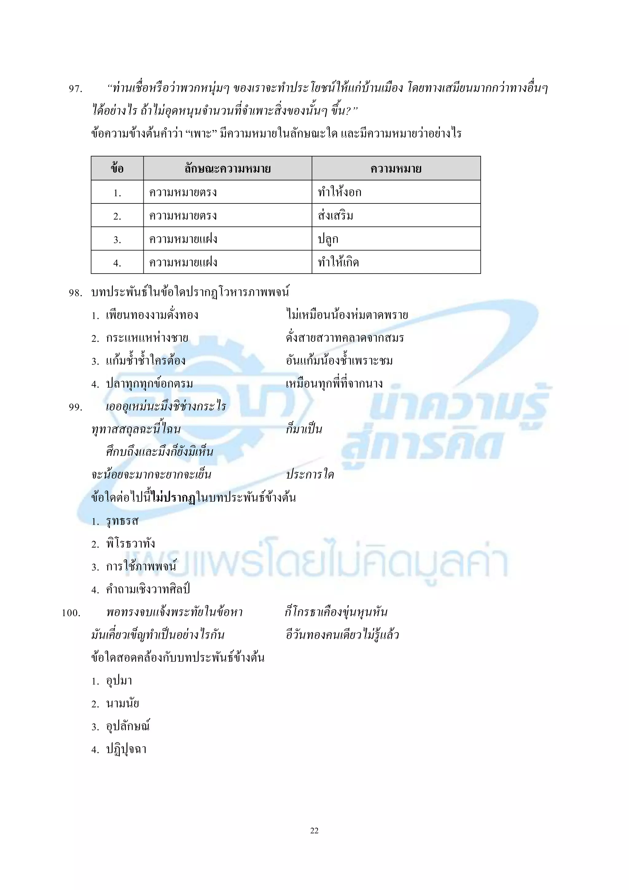 22
97. “ท่านเชื่อหรือว่าพวกหนุ่มๆ ของเราจะทาประโยชน์ให้แก่บ้านเมือง โดยทางเสมียนมากกว่าทางอื่นๆ
ได้อย่างไร ถ้าไม่อุดหนุนจานวนที่จาเพาะสิ่งของนั้นๆ ขึ้น?”
ข้อควำมข้ำงต้นคำว่ำ “เพำะ” มีควำมหมำยในลักษณะใด และมีควำมหมำยว่ำอย่ำงไร
ข้อ ลักษณะความหมาย ความหมาย
1. ควำมหมำยตรง ทำให้งอก
2. ควำมหมำยตรง ส่งเสริม
3. ควำมหมำยแฝง ปลูก
4. ควำมหมำยแฝง ทำให้เกิด
98. บทประพันธ์ในข้อใดปรำกฏโวหำรภำพพจน์
1. เพียนทองงำมดั่งทอง ไม่เหมือนน้องห่มตำดพรำย
2. กระแหแหห่ำงชำย ดั่งสำยสวำทคลำดจำกสมร
3. แก้มช้ำช้ำใครต้อง อันแก้มน้องช้ำเพรำะชม
4. ปลำทุกทุกข์อกตรม เหมือนทุกพี่ที่จำกนำง
99. เอออุเหม่นะมึงชิช่างกระไร
ทุทาสสถุลฉะนี้ไฉน ก็มาเป็น
ศึกบถึงและมึงก็ยังมิเห็น
จะน้อยจะมากจะยากจะเย็น ประการใด
ข้อใดต่อไปนี้ไม่ปรากฏในบทประพันธ์ข้ำงต้น
1. รุทธรส
2. พิโรธวำทัง
3. กำรใช้ภำพพจน์
4. คำถำมเชิงวำทศิลป์
100. พอทรงจบแจ้งพระทัยในข้อหา ก็โกรธาเคืองขุ่นหุนหัน
มันเคี่ยวเข็ญทาเป็นอย่างไรกัน อีวันทองคนเดียวไม่รู้แล้ว
ข้อใดสอดคล้องกับบทประพันธ์ข้ำงต้น
1. อุปมำ
2. นำมนัย
3. อุปลักษณ์
4. ปฏิปุจฉำ
 