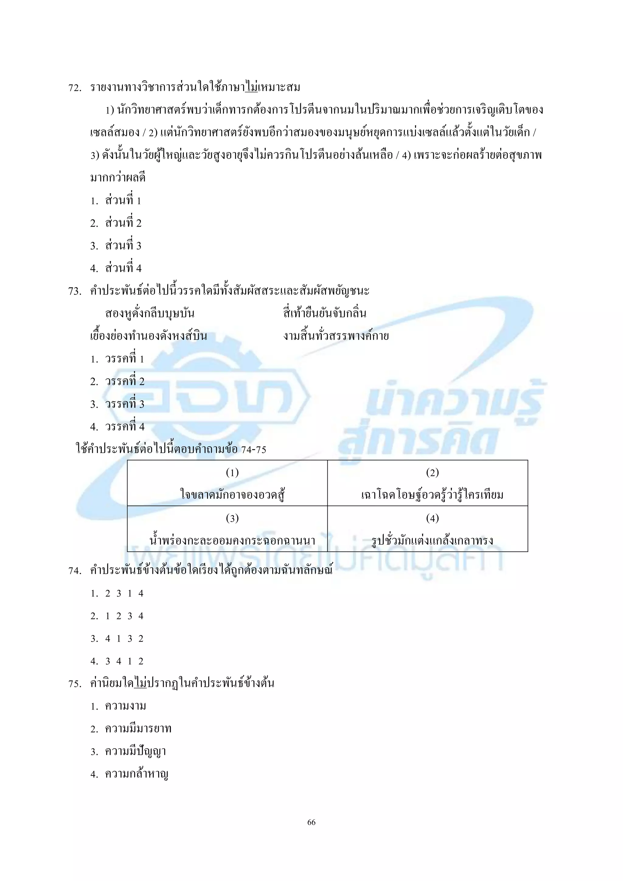 66
72. รำยงำนทำงวิชำกำรส่วนใดใช้ภำษำไม่เหมำะสม
1) นักวิทยำศำสตร์พบว่ำเด็กทำรกต้องกำรโปรตีนจำกนมในปริมำณมำกเพื่อช่วยกำรเจริญเติบโตของ
เซลล์สมอง / 2) แต่นักวิทยำศำสตร์ยังพบอีกว่ำสมองของมนุษย์หยุดกำรแบ่งเซลล์แล้วตั้งแต่ในวัยเด็ก /
3) ดังนั้นในวัยผู้ใหญ่และวัยสูงอำยุจึงไม่ควรกินโปรตีนอย่ำงล้นเหลือ / 4) เพรำะจะก่อผลร้ำยต่อสุขภำพ
มำกกว่ำผลดี
1. ส่วนที่ 1
2. ส่วนที่ 2
3. ส่วนที่ 3
4. ส่วนที่ 4
73. คำประพันธ์ต่อไปนี้วรรคใดมีทั้งสัมผัสสระและสัมผัสพยัญชนะ
สองหูดั่งกลีบบุษบัน สี่เท้ำยืนยันจับกลิ่น
เยื้องย่องทำนองดังหงส์บิน งำมสิ้นทั่วสรรพำงค์กำย
1. วรรคที่ 1
2. วรรคที่ 2
3. วรรคที่ 3
4. วรรคที่ 4
ใช้คำประพันธ์ต่อไปนี้ตอบคำถำมข้อ 74-75
(1)
ใจขลำดมักอำจองอวดสู้
(2)
เฉำโฉดโอษฐ์อวดรู้ว่ำรู้ใครเทียม
(3)
น้ำพร่องกะละออมคงกระฉอกฉำนนำ
(4)
รูปชั่วมักแต่งแกล้งเกลำทรง
74. คำประพันธ์ข้ำงต้นข้อใดเรียงได้ถูกต้องตำมฉันทลักษณ์
1. 2 3 1 4
2. 1 2 3 4
3. 4 1 3 2
4. 3 4 1 2
75. ค่ำนิยมใดไม่ปรำกฏในคำประพันธ์ข้ำงต้น
1. ควำมงำม
2. ควำมมีมำรยำท
3. ควำมมีปัญญำ
4. ควำมกล้ำหำญ
 