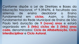 Conforme dispõe a Lei de Diretrizes e Bases da
Educação Nacional, nº 9.394/96, é facultado aos
sistemas de ensino desdobrar o Ensino
Fundamental em ciclos. Assim, o Ensino
Fundamental da Rede Municipal de Ensino de São
Paulo terá duração de 9 (nove) anos e estará
organizado em 3 (três) ciclos de 3 (três) anos
cada, denominados: Ciclo de Alfabetização, Ciclo
Interdisciplinar e Ciclo Autoral.
 