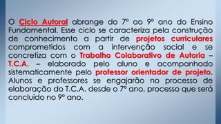 O Ciclo Autoral abrange do 7º ao 9º ano do Ensino
Fundamental. Esse ciclo se caracteriza pela construção
de conhecimento a partir de projetos curriculares
comprometidos com a intervenção social e se
concretiza com o Trabalho Colaborativo de Autoria –
T.C.A. – elaborado pelo aluno e acompanhado
sistematicamente pelo professor orientador de projeto.
Alunos e professores se engajarão no processo de
elaboração do T.C.A. desde o 7º ano, processo que será
concluído no 9º ano.
 