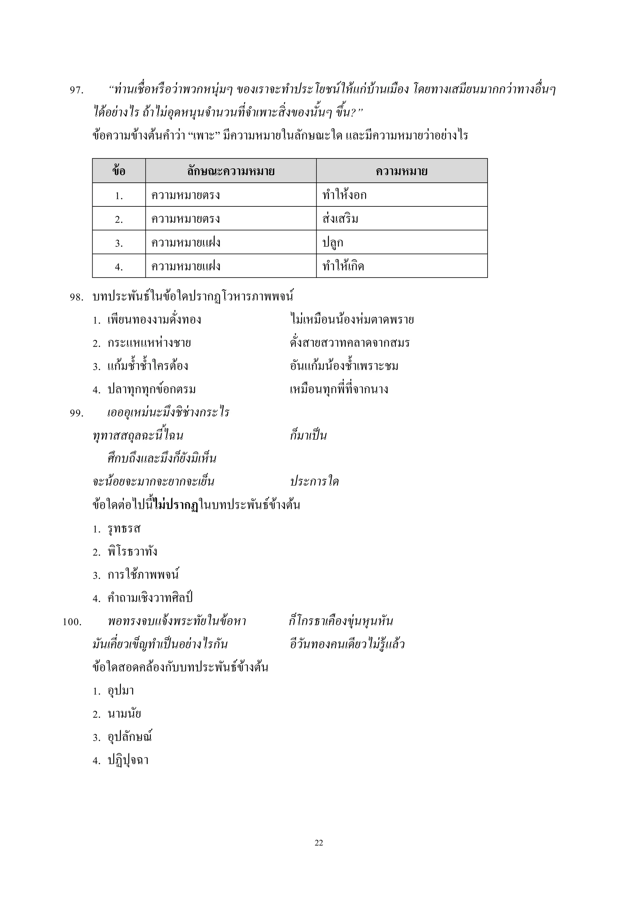 22
97. “ท่านเชื่อหรือว่าพวกหนุ่มๆ ของเราจะทาประโยชน์ให้แก่บ้านเมือง โดยทางเสมียนมากกว่าทางอื่นๆ
ได้อย่างไร ถ้าไม่อุดหนุนจานวนที่จาเพาะสิ่งของนั้นๆ ขึ้น?”
ข้อควำมข้ำงต้นคำว่ำ “เพำะ” มีควำมหมำยในลักษณะใด และมีควำมหมำยว่ำอย่ำงไร
ข้อ ลักษณะความหมาย ความหมาย
1. ควำมหมำยตรง ทำให้งอก
2. ควำมหมำยตรง ส่งเสริม
3. ควำมหมำยแฝง ปลูก
4. ควำมหมำยแฝง ทำให้เกิด
98. บทประพันธ์ในข้อใดปรำกฏโวหำรภำพพจน์
1. เพียนทองงำมดั่งทอง ไม่เหมือนน้องห่มตำดพรำย
2. กระแหแหห่ำงชำย ดั่งสำยสวำทคลำดจำกสมร
3. แก้มช้ำช้ำใครต้อง อันแก้มน้องช้ำเพรำะชม
4. ปลำทุกทุกข์อกตรม เหมือนทุกพี่ที่จำกนำง
99. เอออุเหม่นะมึงชิช่างกระไร
ทุทาสสถุลฉะนี้ไฉน ก็มาเป็น
ศึกบถึงและมึงก็ยังมิเห็น
จะน้อยจะมากจะยากจะเย็น ประการใด
ข้อใดต่อไปนี้ไม่ปรากฏในบทประพันธ์ข้ำงต้น
1. รุทธรส
2. พิโรธวำทัง
3. กำรใช้ภำพพจน์
4. คำถำมเชิงวำทศิลป์
100. พอทรงจบแจ้งพระทัยในข้อหา ก็โกรธาเคืองขุ่นหุนหัน
มันเคี่ยวเข็ญทาเป็นอย่างไรกัน อีวันทองคนเดียวไม่รู้แล้ว
ข้อใดสอดคล้องกับบทประพันธ์ข้ำงต้น
1. อุปมำ
2. นำมนัย
3. อุปลักษณ์
4. ปฏิปุจฉำ
 