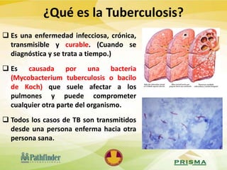  Es una enfermedad infecciosa, crónica,
transmisible y curable. (Cuando se
diagnóstica y se trata a tiempo.)
 Es causada por una bacteria
(Mycobacterium tuberculosis o bacilo
de Koch) que suele afectar a los
pulmones y puede comprometer
cualquier otra parte del organismo.
 Todos los casos de TB son transmitidos
desde una persona enferma hacia otra
persona sana.
¿Qué es la Tuberculosis?
 