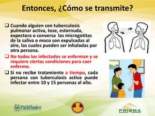  Cuando alguien con tuberculosis
pulmonar activa, tose, estornuda,
expectora o conversa las microgotitas
de la saliva o moco son expulsadas al
aire, las cuales pueden ser inhaladas por
otra persona.
 No todos los infectados se enferman y se
requiere ciertas condiciones para caer
enfermo.
 Si no recibe tratamiento a tiempo, cada
persona con tuberculosis activa puede
infectar entre 10 y 15 personas al año.
Entonces, ¿Cómo se transmite?
 