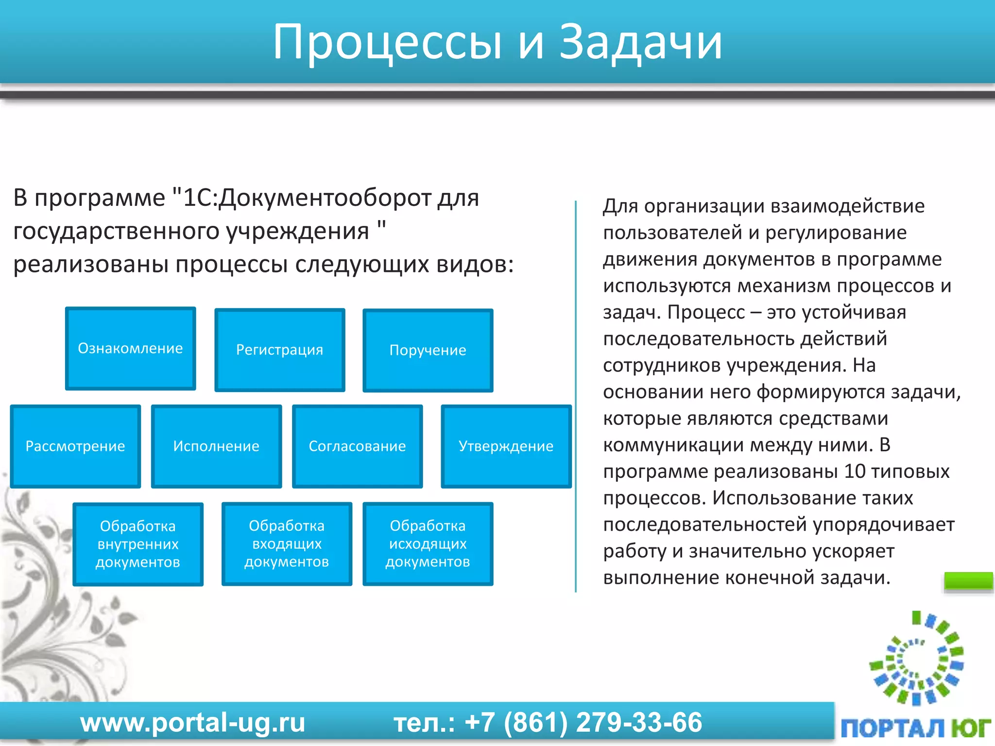 www.portal-ug.ru тел.: +7 (861) 279-33-66
Процессы и Задачи
В программе "1С:Документооборот для
государственного учреждения "
реализованы процессы следующих видов:
Рассмотрение Исполнение Утверждение
Регистрация ПоручениеОзнакомление
Согласование
Обработка
входящих
документов
Обработка
исходящих
документов
Обработка
внутренних
документов
Для организации взаимодействие
пользователей и регулирование
движения документов в программе
используются механизм процессов и
задач. Процесс – это устойчивая
последовательность действий
сотрудников учреждения. На
основании него формируются задачи,
которые являются средствами
коммуникации между ними. В
программе реализованы 10 типовых
процессов. Использование таких
последовательностей упорядочивает
работу и значительно ускоряет
выполнение конечной задачи.
 