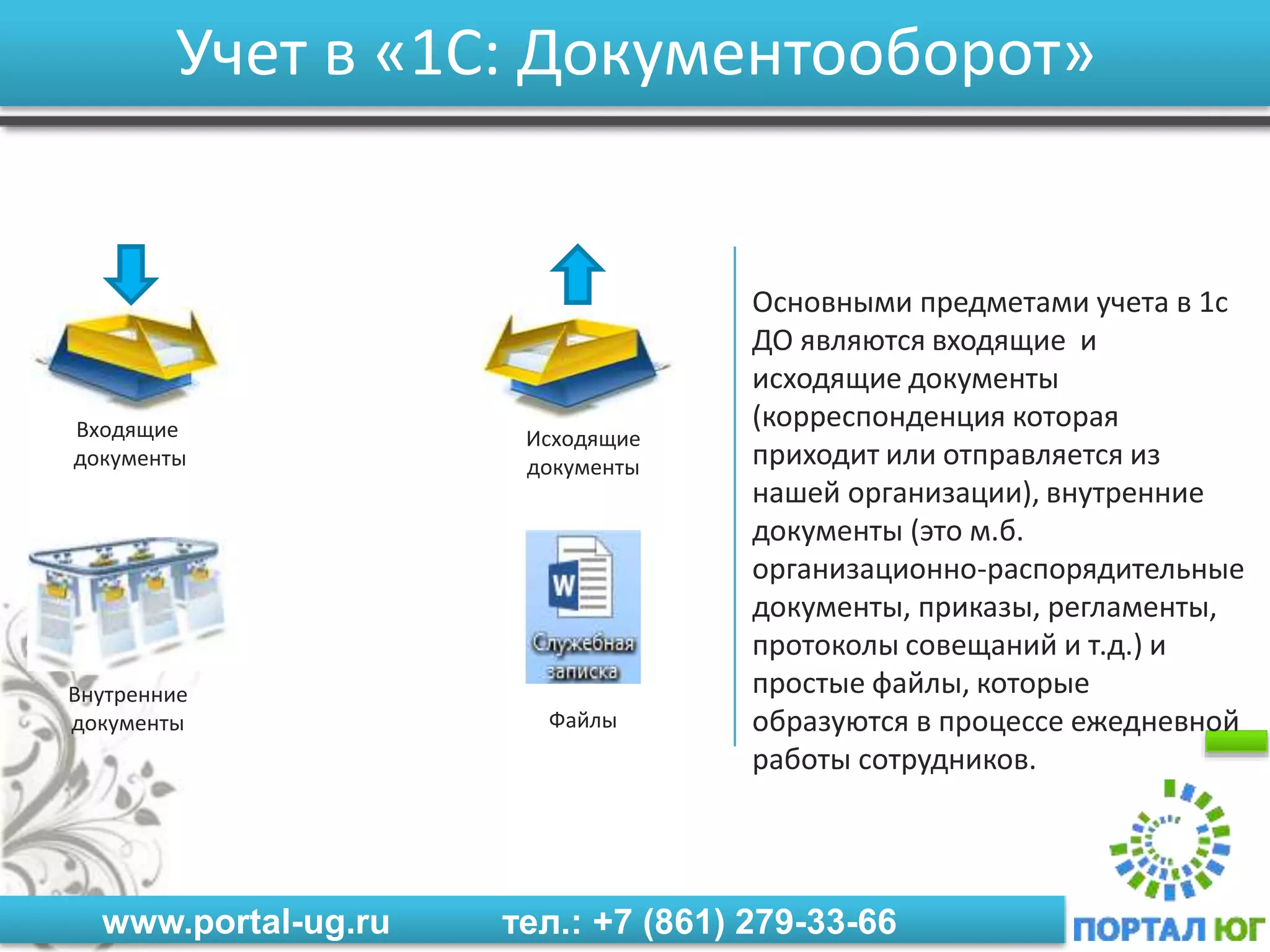 www.portal-ug.ru тел.: +7 (861) 279-33-66
Учет в «1С: Документооборот»
Входящие
документы
Исходящие
документы
Внутренние
документы Файлы
Основными предметами учета в 1с
ДО являются входящие и
исходящие документы
(корреспонденция которая
приходит или отправляется из
нашей организации), внутренние
документы (это м.б.
организационно-распорядительные
документы, приказы, регламенты,
протоколы совещаний и т.д.) и
простые файлы, которые
образуются в процессе ежедневной
работы сотрудников.
 