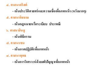 ๔. ศำสนำคริสต์
- เน้นประวัติศำสตร์และควำมเชื่อเพื่อภพหน้ำ (หวังมำกๆ)
๕. ศำสนำอิสลำม
- เน้นกฎหมำยหรือระเบียบ ประเพณี
๖. ศำสนำฮินดู
- เน้นพิธีกรรม
๗. ศำสนำเชน
- เน้นภำคปฏิบัติเพื่อภพหน้ำ
๘. ศำสนำพุทธ
- เน้นกำรวิเครำะห์ด้วยสติปัญญำเพื่อภพหน้ำ
 