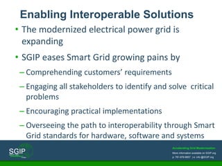 Accelerating Grid Modernization
More information available on SGIP.org
p: 781-876-8857 | e: info @SGIP.org
• The modernized electrical power grid is
expanding
• SGIP eases Smart Grid growing pains by
– Comprehending customers’ requirements
– Engaging all stakeholders to identify and solve critical
problems
– Encouraging practical implementations
– Overseeing the path to interoperability through Smart
Grid standards for hardware, software and systems
Enabling Interoperable Solutions
 