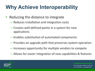 Accelerating Grid Modernization
More information available on SGIP.org
p: 781-876-8857 | e: info @SGIP.org
Why Achieve Interoperability
• Reducing the distance to integrate
– Reduces installation and integration costs
– Creates well-defined points in a system for new
applications
– Enables substitution of automated components
– Provides an upgrade path that preserves system operation
– Increases opportunity for multiple vendors to compete
– Allows for easier integration of new capabilities & features
 