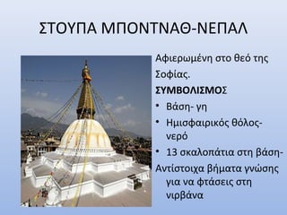 ΣΤΟΥΠΑ ΜΠΟΝΤΝΑΘ-ΝΕΠΑΛ
Αφιερωμένη στο θεό της
Σοφίας.
ΣΥΜΒΟΛΙΣΜΟΣ
• Βάση- γη
• Ημισφαιρικός θόλος-
νερό
• 13 σκαλοπάτια στη βάση-
Αντίστοιχα βήματα γνώσης
για να φτάσεις στη
νιρβάνα
 