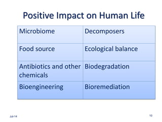 Positive Impact on Human Life
Jul-14 10
Microbiome Decomposers
Food source Ecological balance
Antibiotics and other
chemicals
Biodegradation
Bioengineering Bioremediation
 