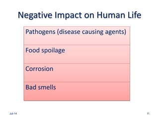 Negative Impact on Human Life
Jul-14 11
Pathogens (disease causing agents)
Food spoilage
Corrosion
Bad smells
 