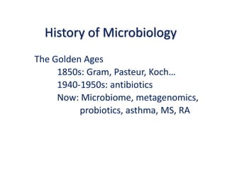 History of Microbiology
The Golden Ages
1850s: Gram, Pasteur, Koch…
1940-1950s: antibiotics
Now: Microbiome, metagenomics,
probiotics, asthma, MS, RA
 