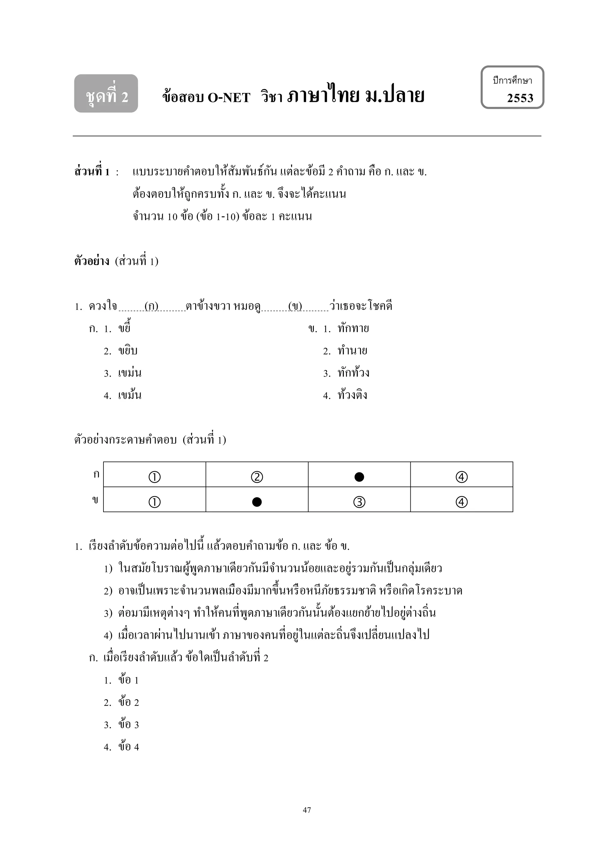 47
ชุดที่ 2 ข้อสอบ O-NET วิชา ภาษาไทย ม.ปลาย 2553
ส่วนที่ 1 : แบบระบำยคำตอบให้สัมพันธ์กัน แต่ละข้อมี 2 คำถำม คือ ก. และ ข.
ต้องตอบให้ถูกครบทั้ง ก. และ ข. จึงจะได้คะแนน
จำนวน 10 ข้อ (ข้อ 1-10) ข้อละ 1 คะแนน
ตัวอย่าง (ส่วนที่ 1)
1. ดวงใจ (ก) ตำข้ำงขวำ หมอดู (ข) ว่ำเธอจะโชคดี
ก. 1. ขยี้ ข. 1. ทักทำย
2. ขยิบ 2. ทำนำย
3. เขม่น 3. ทักท้วง
4. เขม้น 4. ท้วงติง
ตัวอย่ำงกระดำษคำตอบ (ส่วนที่ 1)
   
   
1. เรียงลำดับข้อควำมต่อไปนี้ แล้วตอบคำถำมข้อ ก. และ ข้อ ข.
1) ในสมัยโบรำณผู้พูดภำษำเดียวกันมีจำนวนน้อยและอยู่รวมกันเป็นกลุ่มเดียว
2) อำจเป็นเพรำะจำนวนพลเมืองมีมำกขึ้นหรือหนีภัยธรรมชำติ หรือเกิดโรคระบำด
3) ต่อมำมีเหตุต่ำงๆ ทำให้คนที่พูดภำษำเดียวกันนั้นต้องแยกย้ำยไปอยู่ต่ำงถิ่น
4) เมื่อเวลำผ่ำนไปนำนเข้ำ ภำษำของคนที่อยู่ในแต่ละถิ่นจึงเปลี่ยนแปลงไป
ก. เมื่อเรียงลำดับแล้ว ข้อใดเป็นลำดับที่ 2
1. ข้อ 1
2. ข้อ 2
3. ข้อ 3
4. ข้อ 4
ปีการศึกษา
ก
ข
 