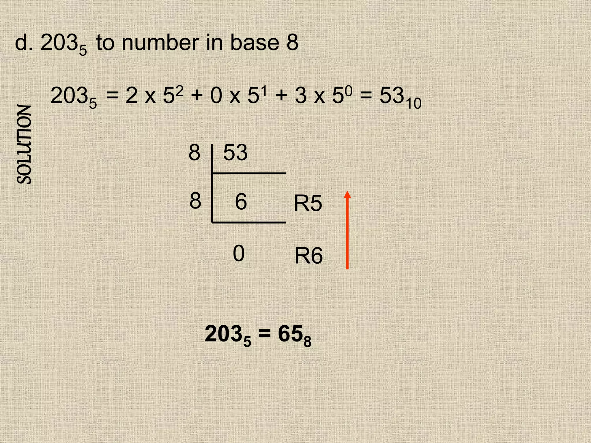 SOLUTION
d. 2035 to number in base 8
2035 = 2 x 52 + 0 x 51 + 3 x 50 = 5310
53
6
0
8
8
R6
R5
2035 = 658
 