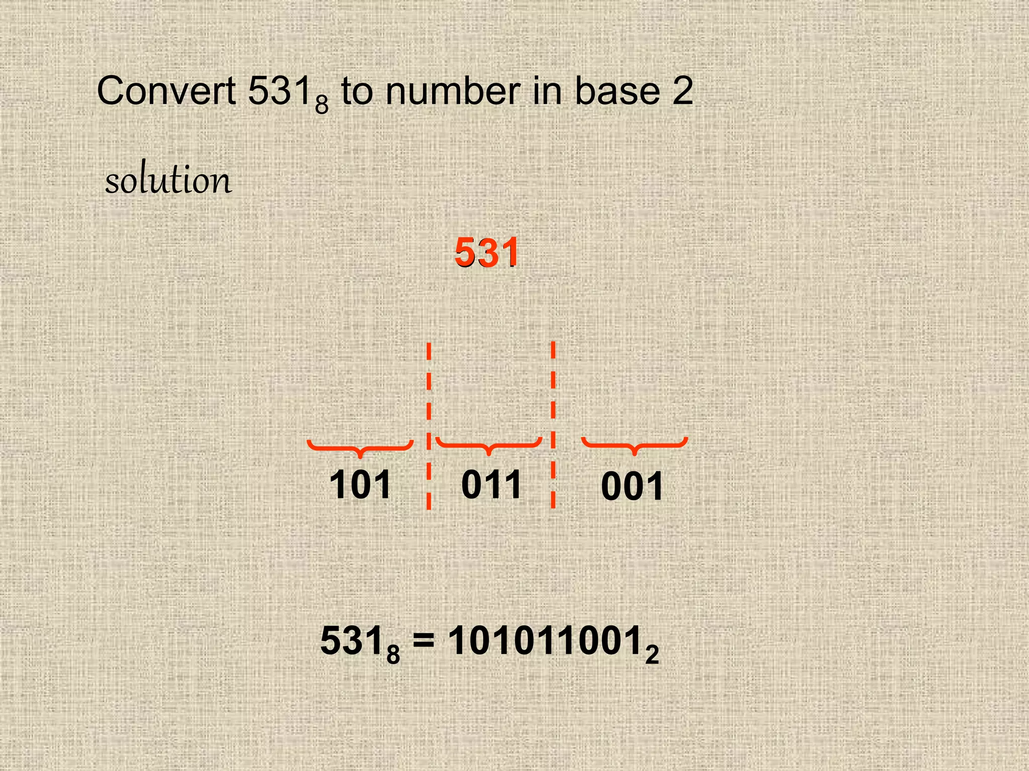 Convert 5318 to number in base 2
solution
5318 = 1010110012
531135
001011101
 