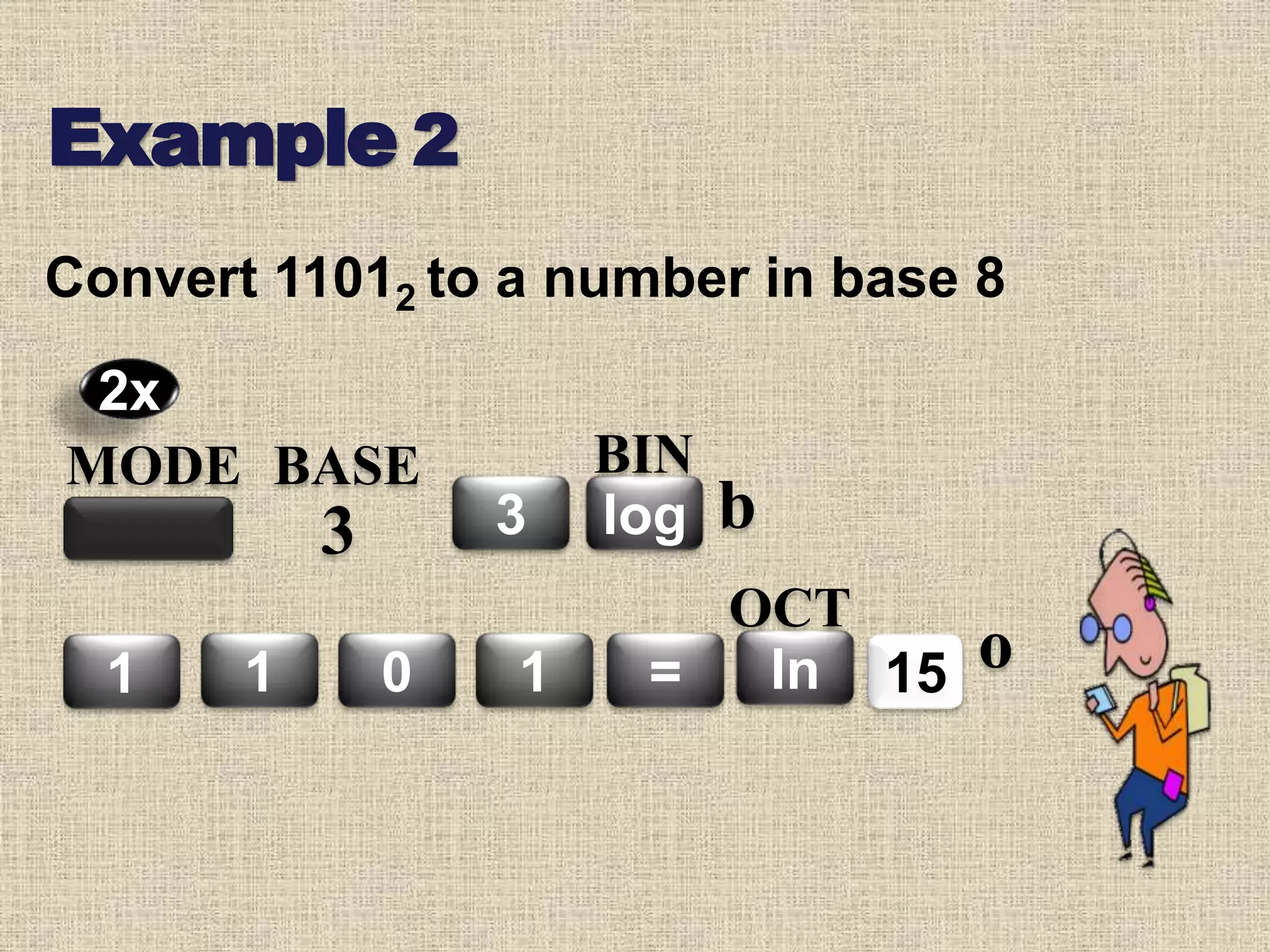 Convert 11012 to a number in base 8
Example 2
MODE BASE
3 3
1 0 1 =
log
BIN
151 ln
OCT
2x
b
o
 