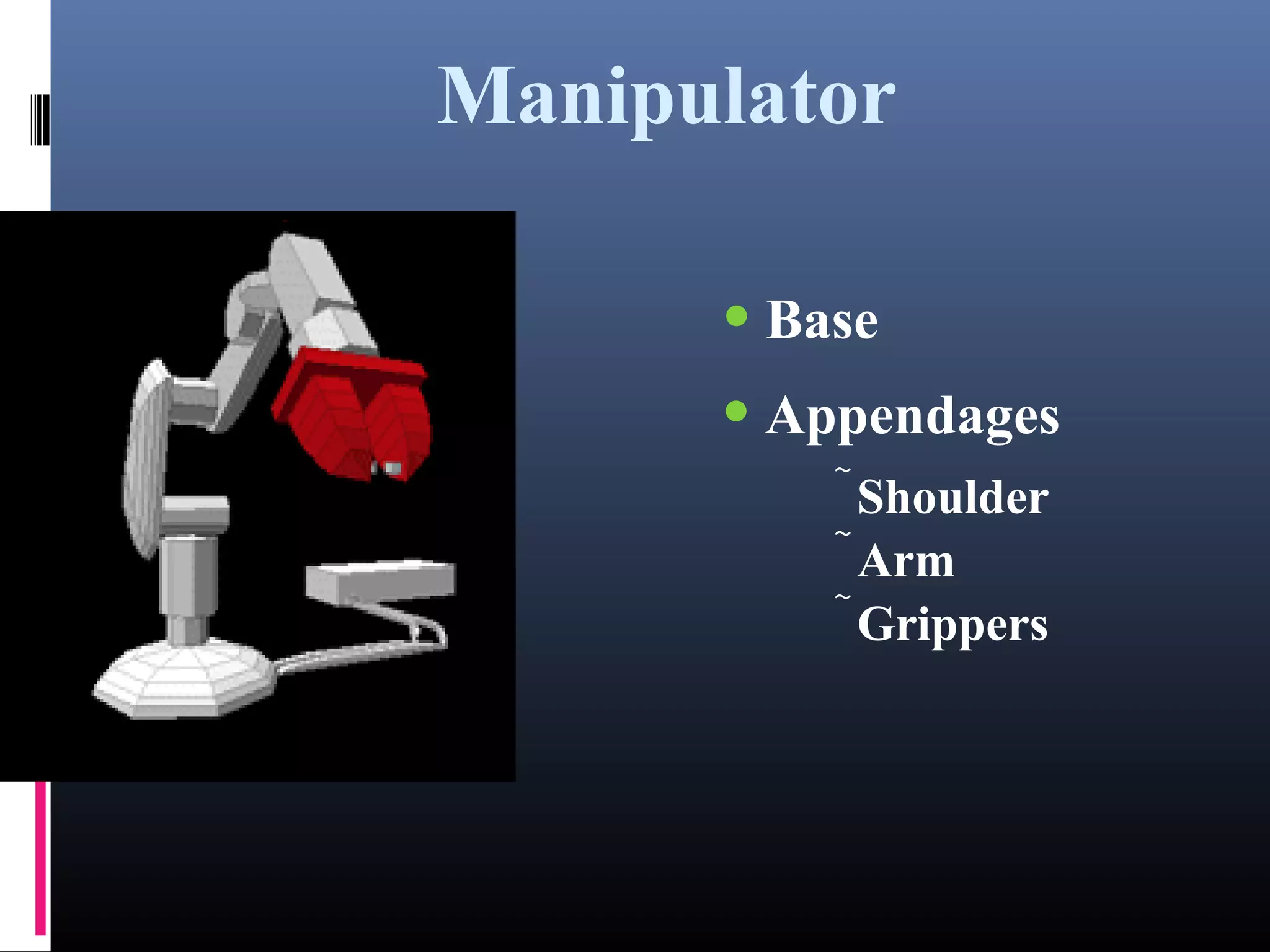 Manipulator
• Base
• Appendages
Shoulder
Arm
Grippers
 