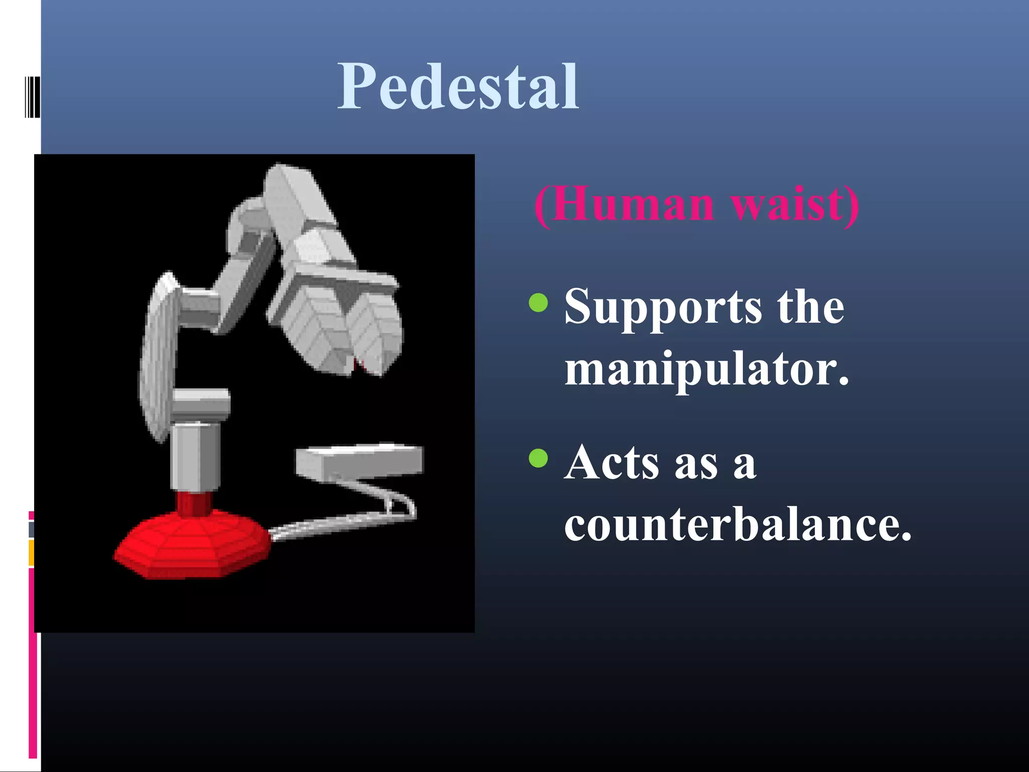 Pedestal
(Human waist)
•Supports the
manipulator.
•Acts as a
counterbalance.
 