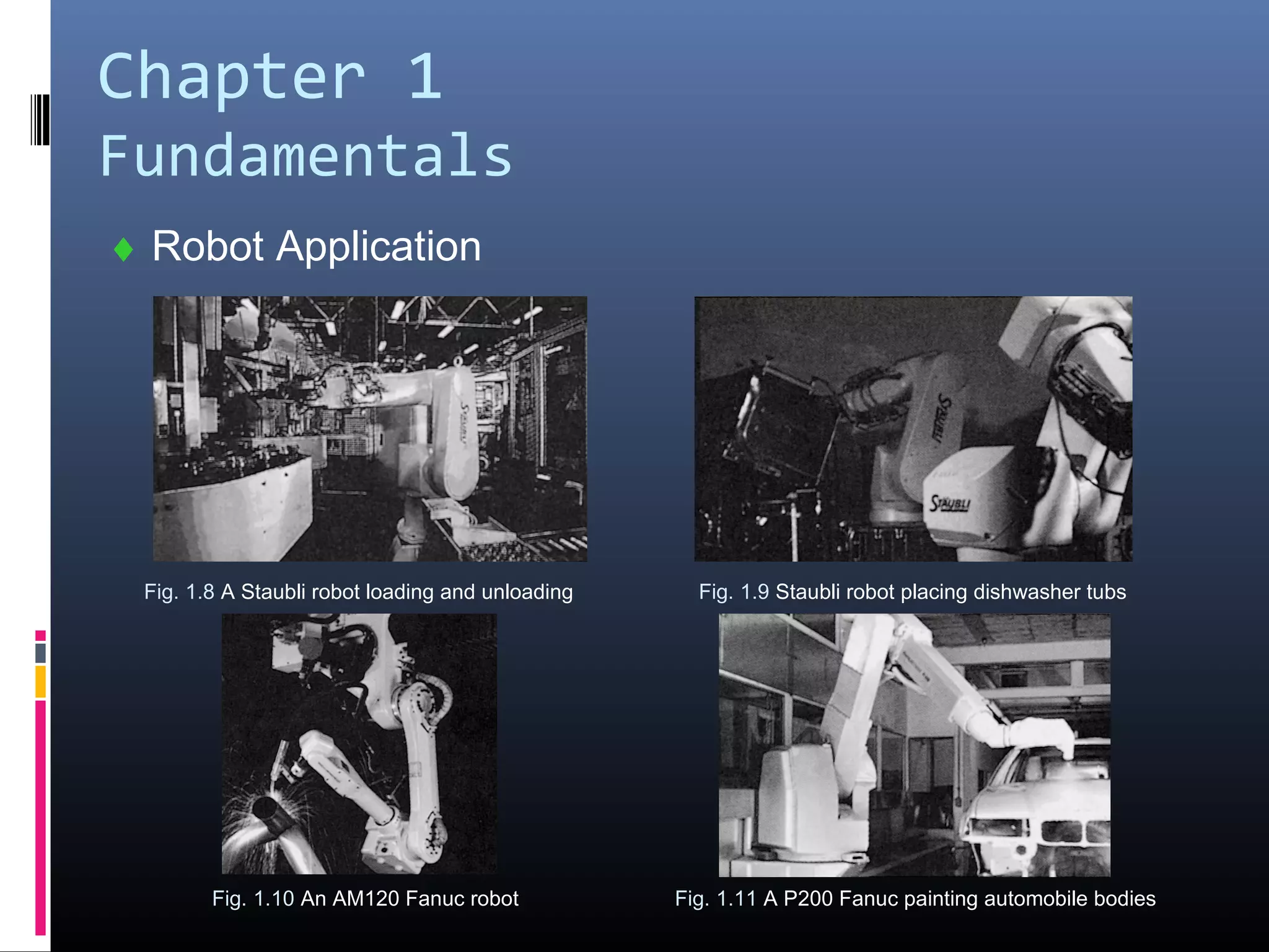 Chapter 1
Fundamentals
♦ Robot Application
Fig. 1.8 A Staubli robot loading and unloading Fig. 1.9 Staubli robot placing dishwasher tubs
Fig. 1.10 An AM120 Fanuc robot Fig. 1.11 A P200 Fanuc painting automobile bodies
 