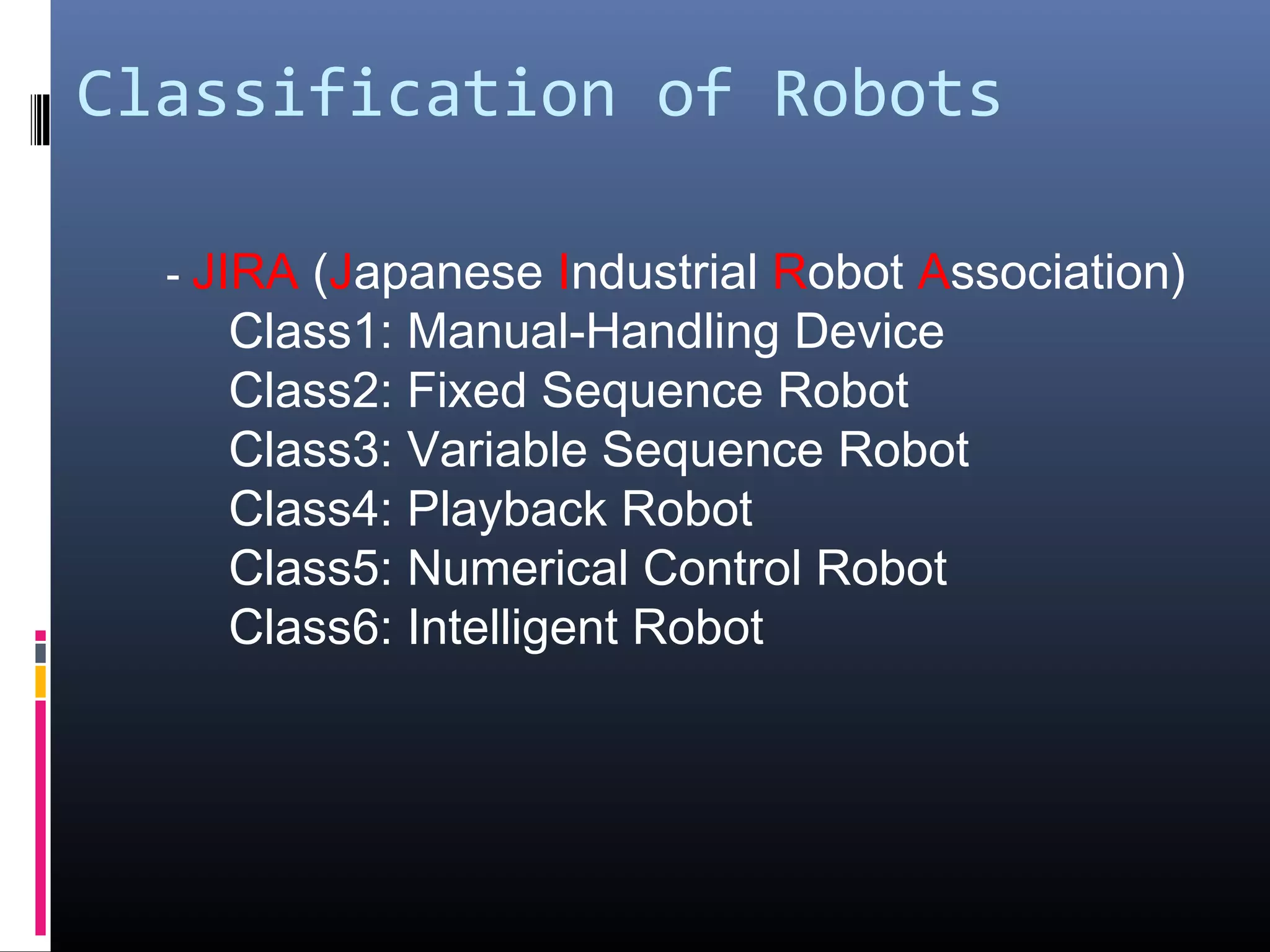 Classification of Robots
- JIRA (Japanese Industrial Robot Association)
Class1: Manual-Handling Device
Class2: Fixed Sequence Robot
Class3: Variable Sequence Robot
Class4: Playback Robot
Class5: Numerical Control Robot
Class6: Intelligent Robot
 