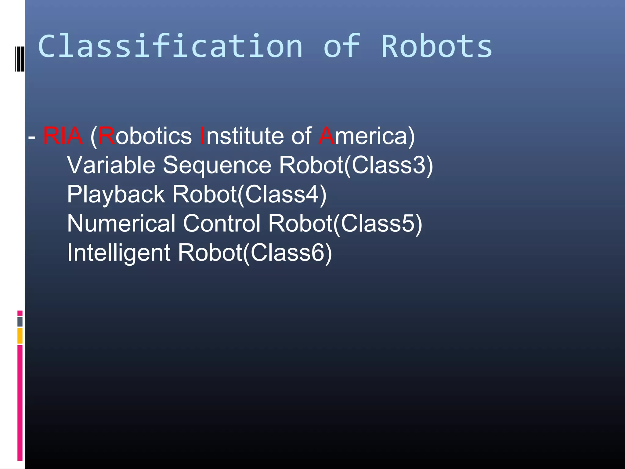 Classification of Robots
- RIA (Robotics Institute of America)
Variable Sequence Robot(Class3)
Playback Robot(Class4)
Numerical Control Robot(Class5)
Intelligent Robot(Class6)
 