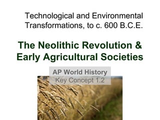 The Neolithic Revolution &
Early Agricultural Societies
AP World History
Key Concept 1.2
Technological and Environmental
Transformations, to c. 600 B.C.E.
 