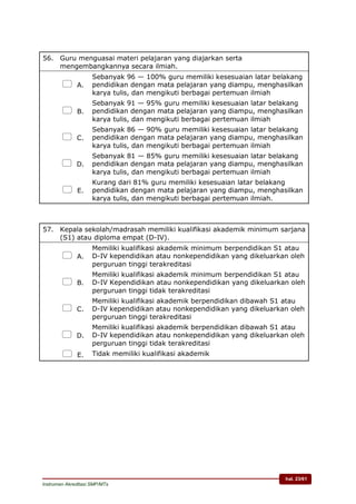 hal. 23/61
Instrumen Akreditasi SMP/MTs
56. Guru menguasai materi pelajaran yang diajarkan serta
mengembangkannya secara ilmiah.
 A.
Sebanyak 96 — 100% guru memiliki kesesuaian latar belakang
pendidikan dengan mata pelajaran yang diampu, menghasilkan
karya tulis, dan mengikuti berbagai pertemuan ilmiah
 B.
Sebanyak 91 — 95% guru memiliki kesesuaian latar belakang
pendidikan dengan mata pelajaran yang diampu, menghasilkan
karya tulis, dan mengikuti berbagai pertemuan ilmiah
 C.
Sebanyak 86 — 90% guru memiliki kesesuaian latar belakang
pendidikan dengan mata pelajaran yang diampu, menghasilkan
karya tulis, dan mengikuti berbagai pertemuan ilmiah
 D.
Sebanyak 81 — 85% guru memiliki kesesuaian latar belakang
pendidikan dengan mata pelajaran yang diampu, menghasilkan
karya tulis, dan mengikuti berbagai pertemuan ilmiah
 E.
Kurang dari 81% guru memiliki kesesuaian latar belakang
pendidikan dengan mata pelajaran yang diampu, menghasilkan
karya tulis, dan mengikuti berbagai pertemuan ilmiah.
57. Kepala sekolah/madrasah memiliki kualifikasi akademik minimum sarjana
(S1) atau diploma empat (D-IV).
 A.
Memiliki kualifikasi akademik minimum berpendidikan S1 atau
D-IV kependidikan atau nonkependidikan yang dikeluarkan oleh
perguruan tinggi terakreditasi
 B.
Memiliki kualifikasi akademik minimum berpendidikan S1 atau
D-IV Kependidikan atau nonkependidikan yang dikeluarkan oleh
perguruan tinggi tidak terakreditasi
 C.
Memiliki kualifikasi akademik berpendidikan dibawah S1 atau
D-IV kependidikan atau nonkependidikan yang dikeluarkan oleh
perguruan tinggi terakreditasi
 D.
Memiliki kualifikasi akademik berpendidikan dibawah S1 atau
D-IV kependidikan atau nonkependidikan yang dikeluarkan oleh
perguruan tinggi tidak terakreditasi
 E. Tidak memiliki kualifikasi akademik
 