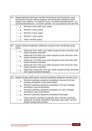 hal. 25/61
Instrumen Akreditasi SMP/MTs
61. Kepala sekolah/madrasah memiliki kemampuan kewirausahaan yang
ditunjukkan dengan adanya kegiatan kewirausahaan sebagai sumber
belajar siswa seperti: (1) koperasi siswa, (2) peternakan/perikanan, (3)
pertanian/perkebunan, (4) kantin sekolah, (5) unit produksi dan lain-lain.
 A. Memiliki 4 atau lebih jenis usaha
 B. Memiliki 3 jenis usaha
 C. Memiliki 2 jenis usaha
 D. Memiliki 1 jenis usaha
 E. Tidak memiliki usaha
62. Kepala sekolah/madrasah melakukan supervisi dan monitoring setiap
tahun.
 A.
Sebanyak 91%-100% guru telah disupervisi dan dimonitor oleh
kepala sekolah/madrasah
 B.
Sebanyak 81%-90% guru telah disupervisi dan dimonitor oleh
kepala sekolah/madrasah
 C.
Sebanyak 71%-80% guru telah disupervisi dan dimonitor oleh
kepala sekolah/madrasah
 D.
Sebanyak 61%-70% guru telah disupervisi dan dimonitor oleh
kepala sekolah/madrasah
 E.
Sebanyak kurang dari 61% guru telah disupervisi dan dimonitor
oleh kepala sekolah/madrasah
63. Kepala Tenaga Administrasi memiliki kualifikasi akademik minimal D-III.
 A.
Memiliki kualifikasi akademik pendidikan minimal D-III dari
lembaga pendidikan yang terakreditasi
 B.
Memiliki kualifikasi akademik pendidikan D-II dari lembaga
pendidikan yang terakreditasi
 C.
Memiliki kualifikasi akademik pendidikan D-I dari lembaga
pendidikan yang terakreditasi
 D. Memiliki kualifikasi akademik Pendidikan Menengah
 E.
Tidak memiliki kualifikasi akademik atau memiliki kualifikasi
akademik di bawah Pendidikan Menengah atau tidak memiliki
Kepala Tenaga Administrasi
 