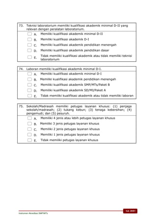 hal. 29/61
Instrumen Akreditasi SMP/MTs
73. Teknisi laboratorium memiliki kualifikasi akademik minimal D-II yang
relevan dengan peralatan laboratorium.
 A. Memiliki kualifikasi akademik minimal D-II
 B. Memiliki kualifikasi akademik D-I
 C. Memiliki kualifikasi akademik pendidikan menengah
 D. Memiliki kualifikasi akademik pendidikan dasar
 E.
Tidak memiliki kualifikasi akademik atau tidak memiliki teknisi
laboratorium
74. Laboran memiliki kualifikasi akademik minimal D-I.
 A. Memiliki kualifikasi akademik minimal D-I
 B. Memiliki kualifikasi akademik pendidikan menengah
 C. Memiliki kualifikasi akademik SMP/MTs/Paket B
 D. Memiliki kualifikasi akademik SD/MI/Paket A
 E. Tidak memiliki kualifikasi akademik atau tidak memiliki laboran
75. Sekolah/Madrasah memiliki petugas layanan khusus: (1) penjaga
sekolah/madrasah; (2) tukang kebun; (3) tenaga kebersihan; (4)
pengemudi; dan (5) pesuruh.
 A. Memiliki 4 jenis atau lebih petugas layanan khusus
 B. Memiliki 3 jenis petugas layanan khusus
 C. Memiliki 2 jenis petugas layanan khusus
 D. Memiliki 1 jenis petugas layanan khusus
 E. Tidak memiliki petugas layanan khusus
 