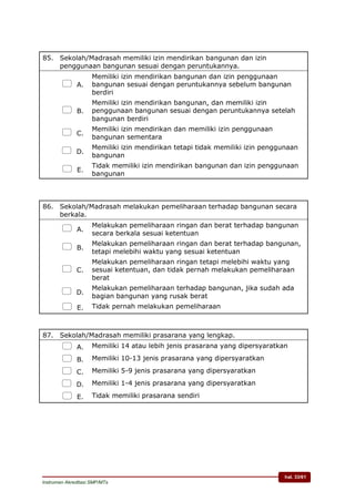 hal. 33/61
Instrumen Akreditasi SMP/MTs
85. Sekolah/Madrasah memiliki izin mendirikan bangunan dan izin
penggunaan bangunan sesuai dengan peruntukannya.
 A.
Memiliki izin mendirikan bangunan dan izin penggunaan
bangunan sesuai dengan peruntukannya sebelum bangunan
berdiri
 B.
Memiliki izin mendirikan bangunan, dan memiliki izin
penggunaan bangunan sesuai dengan peruntukannya setelah
bangunan berdiri
 C.
Memiliki izin mendirikan dan memiliki izin penggunaan
bangunan sementara
 D.
Memiliki izin mendirikan tetapi tidak memiliki izin penggunaan
bangunan
 E.
Tidak memiliki izin mendirikan bangunan dan izin penggunaan
bangunan
86. Sekolah/Madrasah melakukan pemeliharaan terhadap bangunan secara
berkala.
 A.
Melakukan pemeliharaan ringan dan berat terhadap bangunan
secara berkala sesuai ketentuan
 B.
Melakukan pemeliharaan ringan dan berat terhadap bangunan,
tetapi melebihi waktu yang sesuai ketentuan
 C.
Melakukan pemeliharaan ringan tetapi melebihi waktu yang
sesuai ketentuan, dan tidak pernah melakukan pemeliharaan
berat
 D.
Melakukan pemeliharaan terhadap bangunan, jika sudah ada
bagian bangunan yang rusak berat
 E. Tidak pernah melakukan pemeliharaan
87. Sekolah/Madrasah memiliki prasarana yang lengkap.
 A. Memiliki 14 atau lebih jenis prasarana yang dipersyaratkan
 B. Memiliki 10-13 jenis prasarana yang dipersyaratkan
 C. Memiliki 5-9 jenis prasarana yang dipersyaratkan
 D. Memiliki 1-4 jenis prasarana yang dipersyaratkan
 E. Tidak memiliki prasarana sendiri
 
