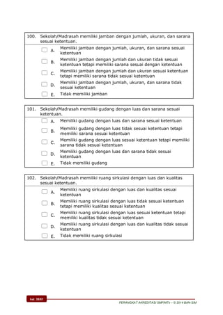 hal. 38/61
PERANGKAT AKREDITASI SMP/MTs – © 2014 BAN-S/M
100. Sekolah/Madrasah memiliki jamban dengan jumlah, ukuran, dan sarana
sesuai ketentuan.
 A.
Memiliki jamban dengan jumlah, ukuran, dan sarana sesuai
ketentuan
 B.
Memiliki jamban dengan jumlah dan ukuran tidak sesuai
ketentuan tetapi memiliki sarana sesuai dengan ketentuan
 C.
Memiliki jamban dengan jumlah dan ukuran sesuai ketentuan
tetapi memiliki sarana tidak sesuai ketentuan
 D.
Memiliki jamban dengan jumlah, ukuran, dan sarana tidak
sesuai ketentuan
 E. Tidak memiliki jamban
101. Sekolah/Madrasah memiliki gudang dengan luas dan sarana sesuai
ketentuan.
 A. Memiliki gudang dengan luas dan sarana sesuai ketentuan
 B.
Memiliki gudang dengan luas tidak sesuai ketentuan tetapi
memiliki sarana sesuai ketentuan
 C.
Memiliki gudang dengan luas sesuai ketentuan tetapi memiliki
sarana tidak sesuai ketentuan
 D.
Memiliki gudang dengan luas dan sarana tidak sesuai
ketentuan
 E. Tidak memiliki gudang
102. Sekolah/Madrasah memiliki ruang sirkulasi dengan luas dan kualitas
sesuai ketentuan.
 A.
Memiliki ruang sirkulasi dengan luas dan kualitas sesuai
ketentuan
 B.
Memiliki ruang sirkulasi dengan luas tidak sesuai ketentuan
tetapi memiliki kualitas sesuai ketentuan
 C.
Memiliki ruang sirkulasi dengan luas sesuai ketentuan tetapi
memiliki kualitas tidak sesuai ketentuan
 D.
Memiliki ruang sirkulasi dengan luas dan kualitas tidak sesuai
ketentuan
 E. Tidak memiliki ruang sirkulasi
 