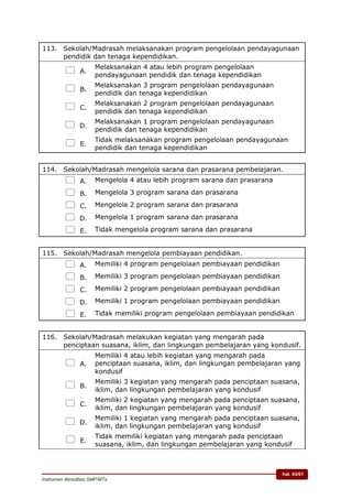 hal. 43/61
Instrumen Akreditasi SMP/MTs
113. Sekolah/Madrasah melaksanakan program pengelolaan pendayagunaan
pendidik dan tenaga kependidikan.
 A.
Melaksanakan 4 atau lebih program pengelolaan
pendayagunaan pendidik dan tenaga kependidikan
 B.
Melaksanakan 3 program pengelolaan pendayagunaan
pendidik dan tenaga kependidikan
 C.
Melaksanakan 2 program pengelolaan pendayagunaan
pendidik dan tenaga kependidikan
 D.
Melaksanakan 1 program pengelolaan pendayagunaan
pendidik dan tenaga kependidikan
 E.
Tidak melaksanakan program pengelolaan pendayagunaan
pendidik dan tenaga kependidikan
114. Sekolah/Madrasah mengelola sarana dan prasarana pembelajaran.
 A. Mengelola 4 atau lebih program sarana dan prasarana
 B. Mengelola 3 program sarana dan prasarana
 C. Mengelola 2 program sarana dan prasarana
 D. Mengelola 1 program sarana dan prasarana
 E. Tidak mengelola program sarana dan prasarana
115. Sekolah/Madrasah mengelola pembiayaan pendidikan.
 A. Memiliki 4 program pengelolaan pembiayaan pendidikan
 B. Memiliki 3 program pengelolaan pembiayaan pendidikan
 C. Memiliki 2 program pengelolaan pembiayaan pendidikan
 D. Memiliki 1 program pengelolaan pembiayaan pendidikan
 E. Tidak memiliki program pengelolaan pembiayaan pendidikan
116. Sekolah/Madrasah melakukan kegiatan yang mengarah pada
penciptaan suasana, iklim, dan lingkungan pembelajaran yang kondusif.
 A.
Memiliki 4 atau lebih kegiatan yang mengarah pada
penciptaan suasana, iklim, dan lingkungan pembelajaran yang
kondusif
 B.
Memiliki 3 kegiatan yang mengarah pada penciptaan suasana,
iklim, dan lingkungan pembelajaran yang kondusif
 C.
Memiliki 2 kegiatan yang mengarah pada penciptaan suasana,
iklim, dan lingkungan pembelajaran yang kondusif
 D.
Memiliki 1 kegiatan yang mengarah pada penciptaan suasana,
iklim, dan lingkungan pembelajaran yang kondusif
 E.
Tidak memiliki kegiatan yang mengarah pada penciptaan
suasana, iklim, dan lingkungan pembelajaran yang kondusif
 