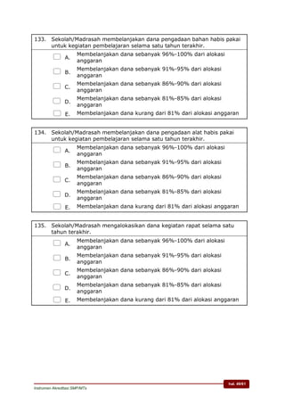 hal. 49/61
Instrumen Akreditasi SMP/MTs
133. Sekolah/Madrasah membelanjakan dana pengadaan bahan habis pakai
untuk kegiatan pembelajaran selama satu tahun terakhir.
 A.
Membelanjakan dana sebanyak 96%-100% dari alokasi
anggaran
 B.
Membelanjakan dana sebanyak 91%-95% dari alokasi
anggaran
 C.
Membelanjakan dana sebanyak 86%-90% dari alokasi
anggaran
 D.
Membelanjakan dana sebanyak 81%-85% dari alokasi
anggaran
 E. Membelanjakan dana kurang dari 81% dari alokasi anggaran
134. Sekolah/Madrasah membelanjakan dana pengadaan alat habis pakai
untuk kegiatan pembelajaran selama satu tahun terakhir.
 A.
Membelanjakan dana sebanyak 96%-100% dari alokasi
anggaran
 B.
Membelanjakan dana sebanyak 91%-95% dari alokasi
anggaran
 C.
Membelanjakan dana sebanyak 86%-90% dari alokasi
anggaran
 D.
Membelanjakan dana sebanyak 81%-85% dari alokasi
anggaran
 E. Membelanjakan dana kurang dari 81% dari alokasi anggaran
135. Sekolah/Madrasah mengalokasikan dana kegiatan rapat selama satu
tahun terakhir.
 A.
Membelanjakan dana sebanyak 96%-100% dari alokasi
anggaran
 B.
Membelanjakan dana sebanyak 91%-95% dari alokasi
anggaran
 C.
Membelanjakan dana sebanyak 86%-90% dari alokasi
anggaran
 D.
Membelanjakan dana sebanyak 81%-85% dari alokasi
anggaran
 E. Membelanjakan dana kurang dari 81% dari alokasi anggaran
 