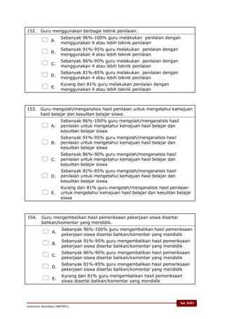 hal. 55/61
Instrumen Akreditasi SMP/MTs
152. Guru menggunakan berbagai teknik penilaian.
 A.
Sebanyak 96%-100% guru melakukan penilaian dengan
menggunakan 4 atau lebih teknik penilaian
 B.
Sebanyak 91%-95% guru melakukan penilaian dengan
menggunakan 4 atau lebih teknik penilaian
 C.
Sebanyak 86%-90% guru melakukan penilaian dengan
menggunakan 4 atau lebih teknik penilaian
 D.
Sebanyak 81%-85% guru melakukan penilaian dengan
menggunakan 4 atau lebih teknik penilaian
 E.
Kurang dari 81% guru melakukan penilaian dengan
menggunakan 4 atau lebih teknik penilaian
153. Guru mengolah/menganalisis hasil penilaian untuk mengetahui kemajuan
hasil belajar dan kesulitan belajar siswa.
 A.
Sebanyak 96%-100% guru mengolah/menganalisis hasil
penilaian untuk mengetahui kemajuan hasil belajar dan
kesulitan belajar siswa
 B.
Sebanyak 91%-95% guru mengolah/menganalisis hasil
penilaian untuk mengetahui kemajuan hasil belajar dan
kesulitan belajar siswa
 C.
Sebanyak 86%-90% guru mengolah/menganalisis hasil
penilaian untuk mengetahui kemajuan hasil belajar dan
kesulitan belajar siswa
 D.
Sebanyak 81%-85% guru mengolah/menganalisis hasil
penilaian untuk mengetahui kemajuan hasil belajar dan
kesulitan belajar siswa
 E.
Kurang dari 81% guru mengolah/menganalisis hasil penilaian
untuk mengetahui kemajuan hasil belajar dan kesulitan belajar
siswa
154. Guru mengembalikan hasil pemeriksaan pekerjaan siswa disertai
balikan/komentar yang mendidik.
 A.
Sebanyak 96%-100% guru mengembalikan hasil pemeriksaan
pekerjaan siswa disertai balikan/komentar yang mendidik
 B.
Sebanyak 91%-95% guru mengembalikan hasil pemeriksaan
pekerjaan siswa disertai balikan/komentar yang mendidik
 C.
Sebanyak 86%-90% guru mengembalikan hasil pemeriksaan
pekerjaan siswa disertai balikan/komentar yang mendidik
 D.
Sebanyak 81%-85% guru mengembalikan hasil pemeriksaan
pekerjaan siswa disertai balikan/komentar yang mendidik
 E.
Kurang dari 81% guru mengembalikan hasil pemeriksaan
siswa disertai balikan/komentar yang mendidik
 