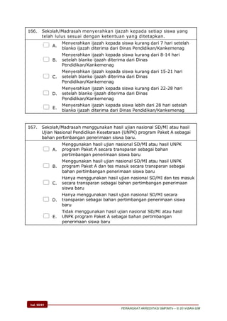 hal. 60/61
PERANGKAT AKREDITASI SMP/MTs – © 2014 BAN-S/M
166. Sekolah/Madrasah menyerahkan ijazah kepada setiap siswa yang
telah lulus sesuai dengan ketentuan yang ditetapkan.
 A.
Menyerahkan ijazah kepada siswa kurang dari 7 hari setelah
blanko ijazah diterima dari Dinas Pendidikan/Kankemenag
 B.
Menyerahkan ijazah kepada siswa kurang dari 8-14 hari
setelah blanko ijazah diterima dari Dinas
Pendidikan/Kankemenag
 C.
Menyerahkan ijazah kepada siswa kurang dari 15-21 hari
setelah blanko ijazah diterima dari Dinas
Pendidikan/Kankemenag
 D.
Menyerahkan ijazah kepada siswa kurang dari 22-28 hari
setelah blanko ijazah diterima dari Dinas
Pendidikan/Kankemenag
 E.
Menyerahkan ijazah kepada siswa lebih dari 28 hari setelah
blanko ijazah diterima dari Dinas Pendidikan/Kankemenag
167. Sekolah/Madrasah menggunakan hasil ujian nasional SD/MI atau hasil
Ujian Nasional Pendidikan Kesetaraan (UNPK) program Paket A sebagai
bahan pertimbangan penerimaan siswa baru.
 A.
Menggunakan hasil ujian nasional SD/MI atau hasil UNPK
program Paket A secara transparan sebagai bahan
pertimbangan penerimaan siswa baru
 B.
Menggunakan hasil ujian nasional SD/MI atau hasil UNPK
program Paket A dan tes masuk secara transparan sebagai
bahan pertimbangan penerimaan siswa baru
 C.
Hanya menggunakan hasil ujian nasional SD/MI dan tes masuk
secara transparan sebagai bahan pertimbangan penerimaan
siswa baru
 D.
Hanya menggunakan hasil ujian nasional SD/MI secara
transparan sebagai bahan pertimbangan penerimaan siswa
baru
 E.
Tidak menggunakan hasil ujian nasional SD/MI atau hasil
UNPK program Paket A sebagai bahan pertimbangan
penerimaan siswa baru
 