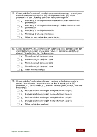 hal. 9/61
Instrumen Akreditasi SMP/MTs
25. Kepala sekolah/ madrasah melakukan pemantauan proses pembelajaran
mencakup tiga tahapan yaitu: (1) tahap perencanaan, (2) tahap
pelaksanaan, dan (3) tahap penilaian hasil pembelajaran.
 A.
Mencakup 3 tahap pemantauan serta dilakukan diskusi hasil
pemantauan
 B.
Mencakup 3 tahap pemantauan tanpa dilakukan diskusi hasil
pemantauan
 C. Mencakup 2 tahap pemantauan
 D. Mencakup 1 tahap pemantauan
 E. Tidak pernah melakukan pemantauan
26. Kepala sekolah/madrasah melakukan supervisi proses pembelajaran dan
menindaklanjuti dengan empat cara yaitu: (1) pemberian contoh, (2)
diskusi, (3) pelatihan, dan (4) konsultasi.
 A. Menindaklanjuti dengan 4 cara
 B. Menindaklanjuti dengan 3 cara
 C. Menindaklanjuti dengan 2 cara
 D. Menindaklanjuti dengan 1 cara
 E. Tidak menindaklanjuti
27. Kepala sekolah/madrasah melakukan evaluasi terhadap guru dalam
proses pembelajaran dengan memperhatikan 4 aspek, yaitu: (1)
persiapan, (2) pelaksanaan, (3) evaluasi pembelajaran, dan (4) rencana
tidak lanjut.
 A. Evaluasi dilakukan dengan memperhatikan 4 aspek
 B. Evaluasi dilakukan dengan memperhatikan 3 aspek
 C. Evaluasi dilakukan dengan memperhatikan 2 aspek
 D. Evaluasi dilakukan dengan memperhatikan 1 aspek
 E. Tidak melakukan evaluasi
 