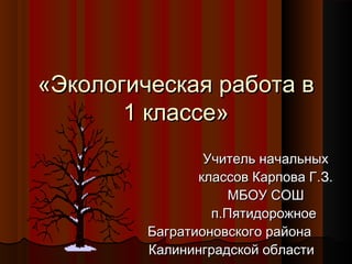 «Экологическая работа в«Экологическая работа в
1 классе»1 классе»
Учитель начальныхУчитель начальных
классов Карпова Г.З.к...