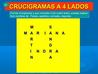 CRUCIGRAMAS A 4 LADOSCRUCIGRAMAS A 4 LADOS
MM SS
MM AA RR II AA NN AA
RR NN
TT DD
II NN DD RR AA
NN AA
20
Formar crucigramas y que coincidan a los cuatro lados, puedes realizar
Con nombres de: Países, apellidos, animales, deportes
 