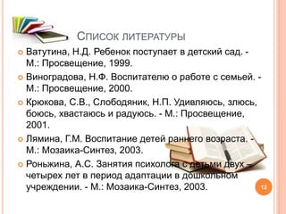 СПИСОК ЛИТЕРАТУРЫ
 Ватутина, Н.Д. Ребенок поступает в детский сад. -
М.: Просвещение, 1999.
 Виноградова, Н.Ф. Воспитателю о работе с семьей. -
М.: Просвещение, 2000.
 Крюкова, С.В., Слободяник, Н.П. Удивляюсь, злюсь,
боюсь, хвастаюсь и радуюсь. - М.: Просвещение,
2001.
 Лямина, Г.М. Воспитание детей раннего возраста. -
М.: Мозаика-Синтез, 2003.
 Роньжина, А.С. Занятия психолога с детьми двух –
четырех лет в период адаптации в дошкольном
учреждении. - М.: Мозаика-Синтез, 2003. 12
 